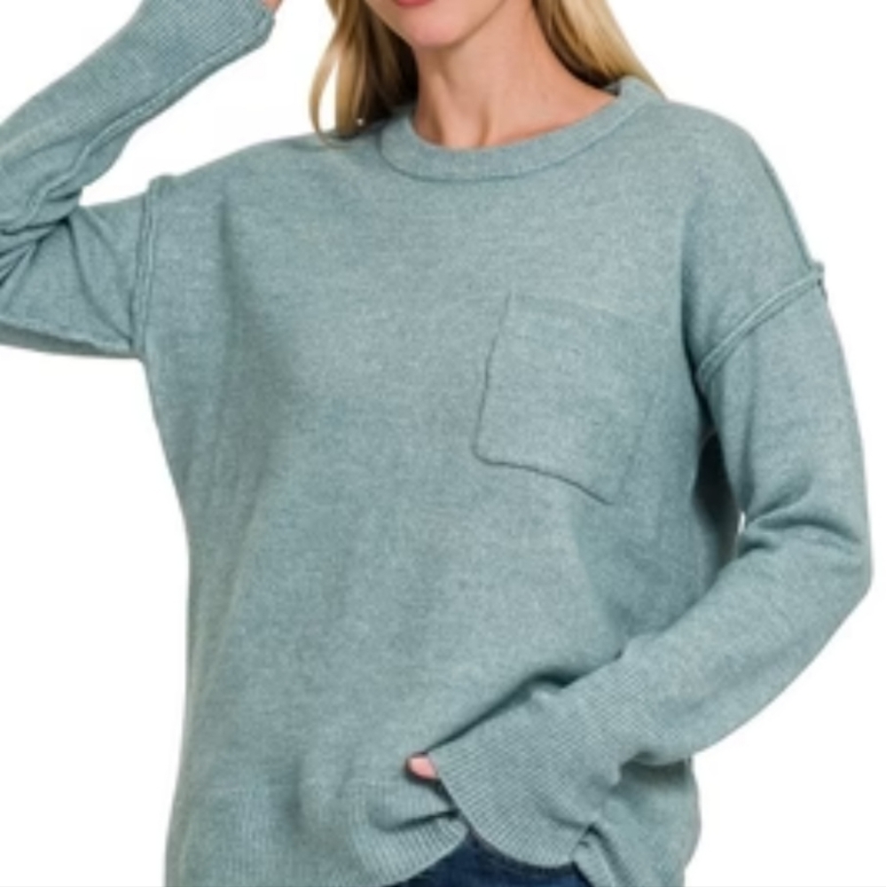 Bêcool Women's Large Crew Neck  Heather Gray Green Knit Sweater